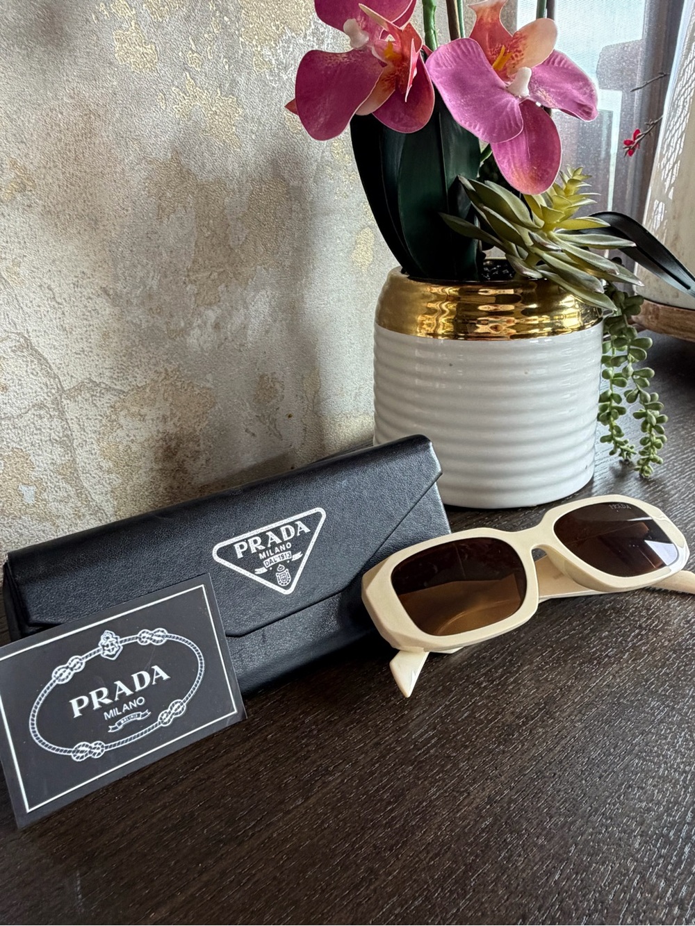 Prada Cream Frame Brown Lens Rectangular Men’s Sunglasses